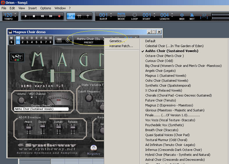 Selecting Magnus Choir Presets in Synapse Orion v7.62