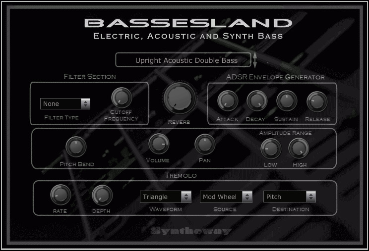 Bassesland is a virtual bass that emulates a wide range of sounds of electric, acoustic and synthesizer basses. Available for macOS as plugin in Audio Unit (.component), VST (.vst) and VST3 (.vst3) formats