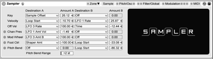Ableton Sampler (Live Suite only, not Intro or Standard): Sampler is Ableton's advanced sampling instrument. It's extremely versatile, combining traditional sampling features with advanced sound design and synthesis. Sampler can handle any kind of multi-gigabyte instrument library you care to name--including AKAI S1000, S3000, GigaStudio, EXS, SoundFont and (non-encrypted) Kontakt. But the fun really starts when you go in deep and start sound-shaping--Sampler gives you intuitive control over every detail of your sound. Be prepared to create vibrant and complex sounds from even the most basic audio source material.