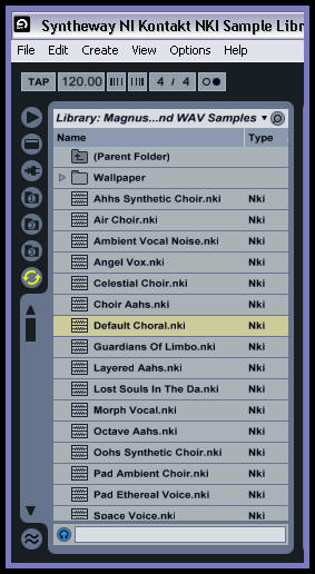 Ableton Live: Sampler (Live Suite only, not Intro or Standard) Magnus Choir NI KONTAKT NKI Sample Library Set .exs file extension: The MIDI Tab. The MIDI tab’s parameters turn Sampler into a dynamic performance instrument. The MIDI controllers Key, Velocity, Release Velocity, Aftertouch, Modulation Wheel, Foot Controller and Pitch Bend can be mapped to two destinations each, with varying degrees of in uence. For example, if we set Velocity’s Destination A to Loop Length, and its Amount A to 100, high velocities will result in long loop lengths, while low velocities will create shorter ones. Live Sampler just imports the exs24 patch file and simply references the samples