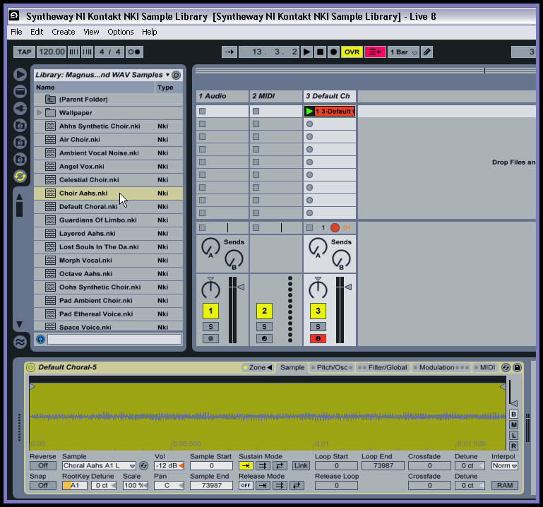 Ableton Live: Sampler (Live Suite only, not Intro or Standard) Magnus Choir NI KONTAKT NKI Sample Library Set .exs file extension: The MIDI Tab. The MIDI tab’s parameters turn Sampler into a dynamic performance instrument. The MIDI controllers Key, Velocity, Release Velocity, Aftertouch, Modulation Wheel, Foot Controller and Pitch Bend can be mapped to two destinations each, with varying degrees of in uence. For example, if we set Velocity’s Destination A to Loop Length, and its Amount A to 100, high velocities will result in long loop lengths, while low velocities will create shorter ones. Live Sampler just imports the exs24 patch file and simply references the samples