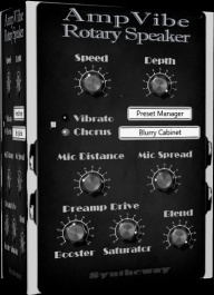 AmpVibe is a virtual rotary speaker effect inspired by the cabinets of vintage tonewheel organs, adding motion and grit texture to the sounds. Suitable for keyboardists and guitarists. AmpVibe intends to emulate the horn and bass rotor moved in opposite directions, with a fast and slow motor on each, into evocative rotating speaker cabinet effects for your electric guitar or keyboard. AmpVibe is available as plugin in VST and VST3 64 bit versions for Windows as well as in Audio Unit for macOS.