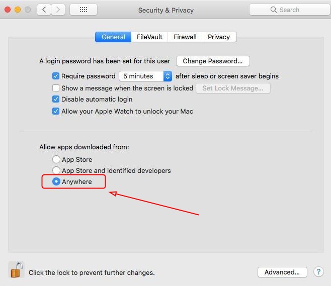 Choose the Anywhere under Allow apps downloaded from. Prior to making the change