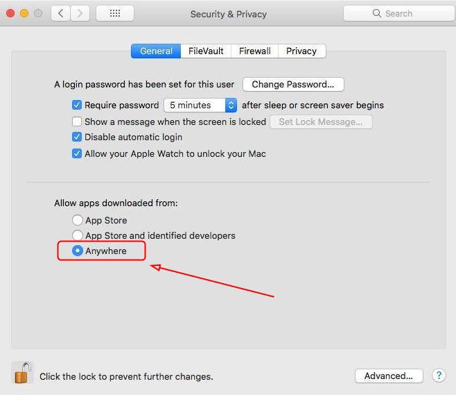 Choose the Anywhere under Allow apps downloaded from. Prior to making the change