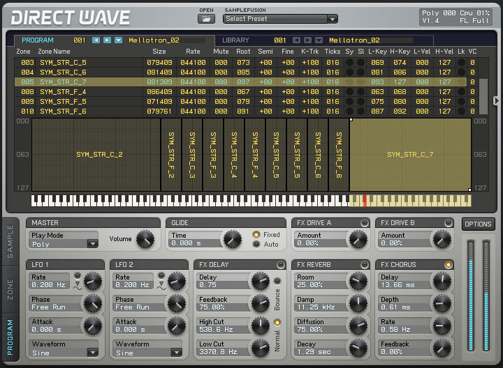 DirectWave is an inline multi-layer multi-timbral sampler, capable of playing and recording samples through real input sampling. All parameters and effects may be automated or modulated through a 16-slot modulation matrix.