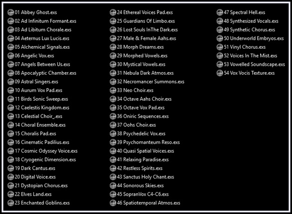 Magnus Choir EXS24 mkII is a Sample Library version made specially for Mac users in order to use it on Logic EXS24 and EXSP24 Samplers. If you use Logic 5.5 or above, your EXS is automatically changed to the EXS mk II. It has been meticulously tuned and adjusted and particular care has been taken in the reproduction of the original realism of Magnus Choir. In order to compensate some presets from Windows version, the EXS24 mk II Sample Library was enriched with new choral sounds (natural and synthetic).