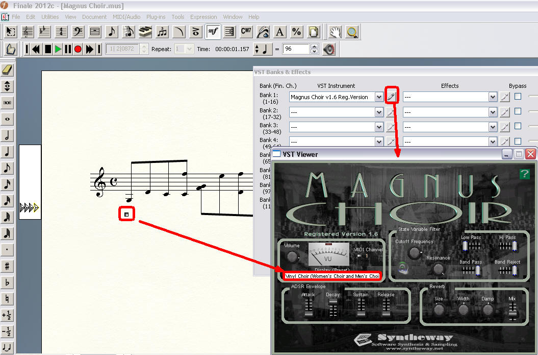 Click OK or Select or Assign in each dialog box until you return to the document. Depending on your playback settings, you may need to begin playback at a measure prior to the patch change for it to take effect. To avoid this problem you can set Finale to “chase” the patch changes up to the point where you’re beginning playback. That is, Finale will quickly scan the piece all the way from the first measure, noting (and transmitting to your MIDI keyboard) any patch changes along the way, so that playback always begins using the current patch. (Click on image below to enlarge)