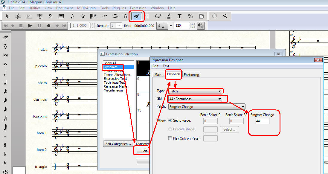 The Patch drop-down list appears, choose the type of patch change needed, select the appropriate Bank and Program changes. For example in GM type the Magnus Choir preset number that you wish (i.e. 44 Contrabass for 44 Vinyl Choir). See here the Magnus Choir full presets list numbers to assign the equivalent to each General MIDI (GM) number.