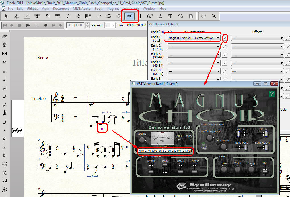 The Patch drop-down list appears, choose the type of patch change needed, select the appropriate Bank and Program changes. For example in GM type the Magnus Choir preset number that you wish (i.e. 44 Contrabass for 44 Vinyl Choir). See here the Magnus Choir full presets list numbers to assign the equivalent to each General MIDI (GM) number.