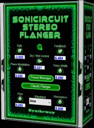 Sonicircuit Stereo Flanger is an effect plugin that creates a mixing of two identical signals together, one signal delayed by a small and gradually changing period, causing a phase shift between the two signals. The length of this pause is gradually varied over time resulting in a sweeping effect, delivering from subtle nuances to extreme jet engine taking off. Primarily intended for use with guitar, vocals and synths, this virtual effects unit is versatile and intuitive to create new and unique textures. Available as plugin in VST and VST3 64 bit versions for Windows as well as in Audio Unit for macOS Catalina... 