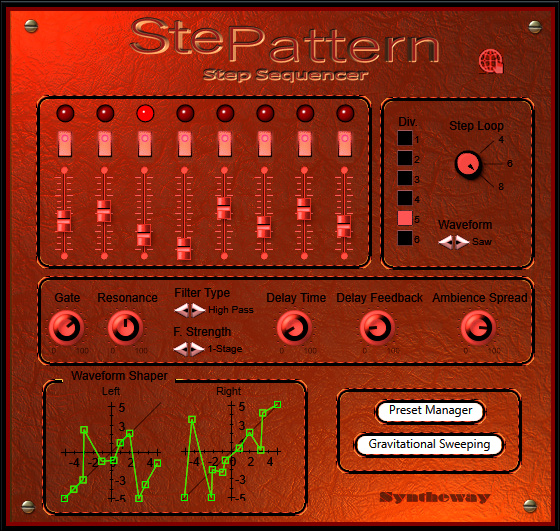 Click on to return to the main page of Stepattern 8 Step Sequencer Synthesizer VST VST3 Audio Unit Software from Graphical User Interface (Screenshot) for Windows and Mac 64 bit