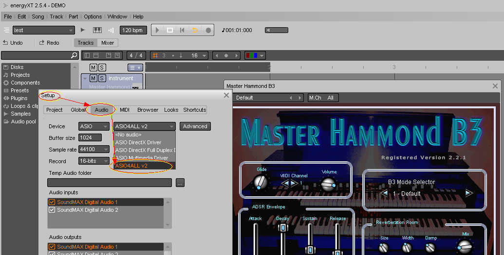 energyXT Setup Audio ASIO4ALL :: To avoid a slight delay you must to configure your Sound-card Audio Device by selecting the "ASIO Driver" to eliminate the latency that produces the delayed response when you press a key down on your MIDI keyboard controller.